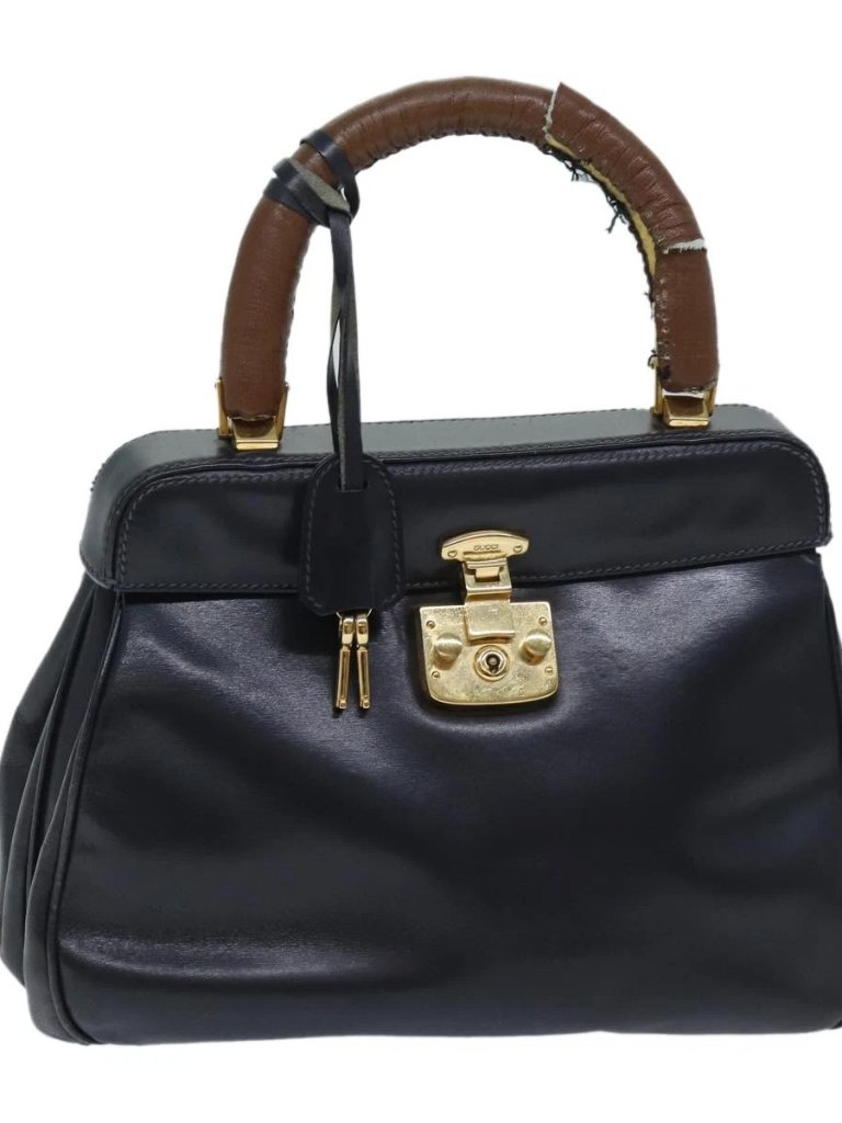 Gucci Ready Lock Hand Bag Leather Navy 000 406 0190 Auth Yk11435